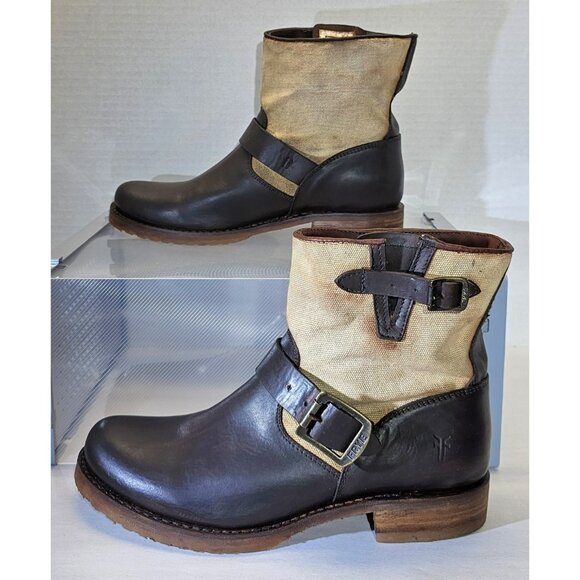 Frye Women's Brown/ Beige Veronica Canvas/Leather Shortie Ankle Boots Size 8B - Picture 1 of 16